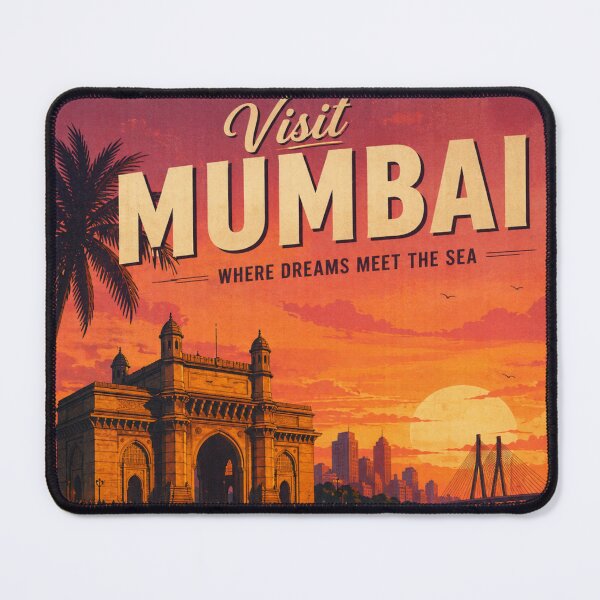 Item preview, Visit Mumbai Vintage Travel Poster – Gateway of India Sunset & Sea Link Illustration | India Travel Art designed and sold by Globalcitytees.