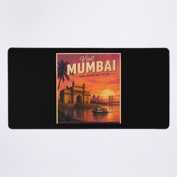 Item preview, Visit Mumbai Vintage Travel Poster – Gateway of India Sunset & Sea Link Illustration | India Travel Art designed and sold by Globalcitytees.
