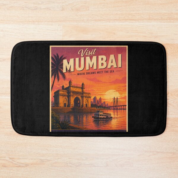Item preview, Visit Mumbai Vintage Travel Poster – Gateway of India Sunset & Sea Link Illustration | India Travel Art designed and sold by Globalcitytees.