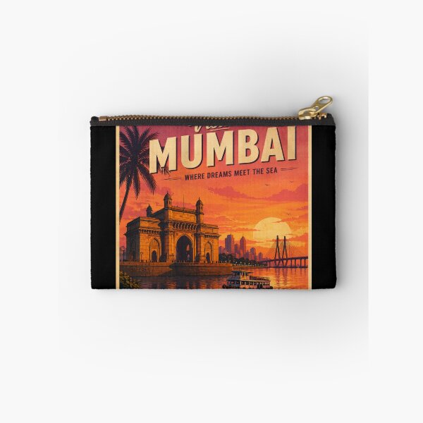 Item preview, Visit Mumbai Vintage Travel Poster – Gateway of India Sunset & Sea Link Illustration | India Travel Art designed and sold by Globalcitytees.