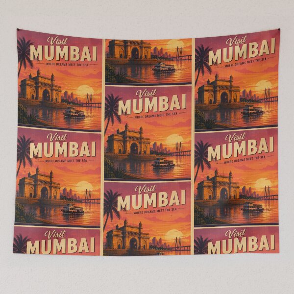 Item preview, Visit Mumbai Vintage Travel Poster – Gateway of India Sunset & Sea Link Illustration | India Travel Art designed and sold by Globalcitytees.