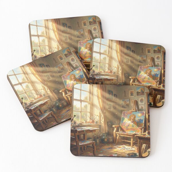 Item preview, An artist's studio in the Jane Davie style with warm light and a colorful portrait scene. designed and sold by FotoworldEdel.