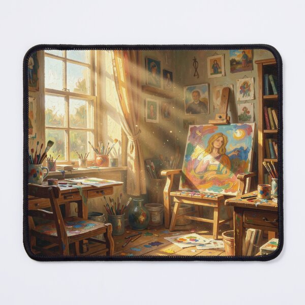 Item preview, An artist's studio in the Jane Davie style with warm light and a colorful portrait scene. designed and sold by FotoworldEdel.