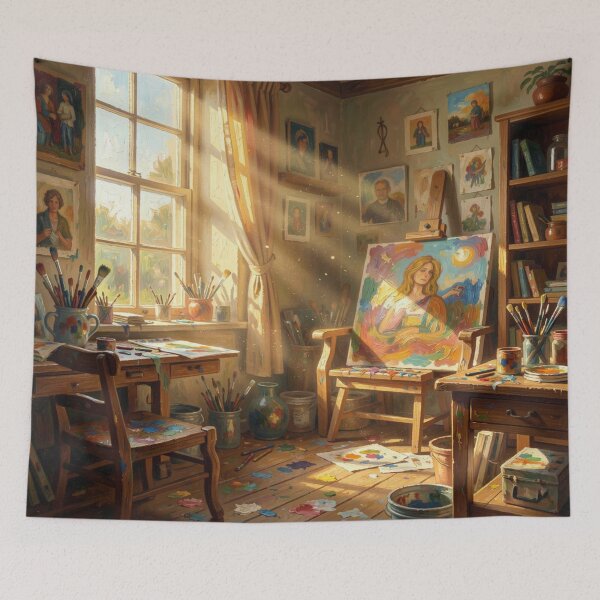 Item preview, An artist's studio in the Jane Davie style with warm light and a colorful portrait scene. designed and sold by FotoworldEdel.