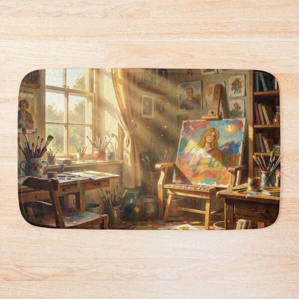 Item preview, An artist's studio in the Jane Davie style with warm light and a colorful portrait scene. designed and sold by FotoworldEdel.