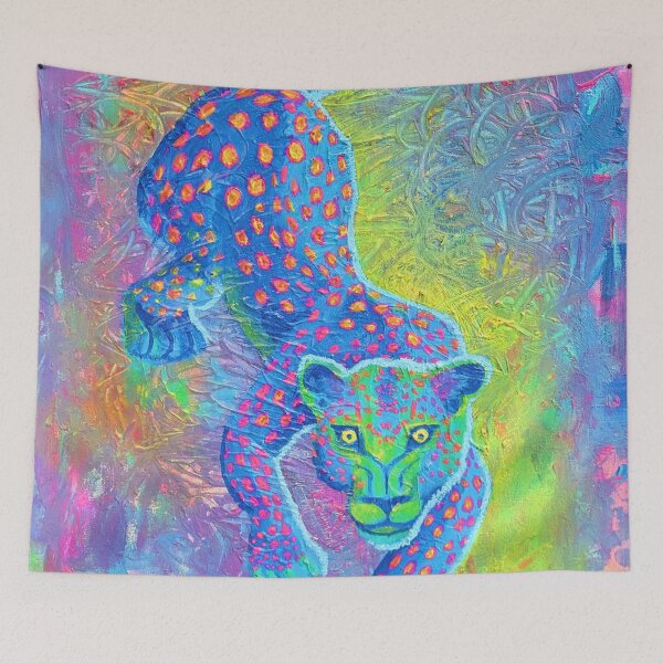 Artikelvorschau, Neonfarbener Leopard-Kunstdruck, psychedelisches Großkatzen-Gemälde, farbenfrohe Tier-Wandkunst, lebendige Wildtierillustration entworfen und verkauft von Dominika Brodowska.