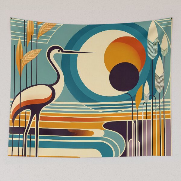 Item preview, Stylised Heron with Teal Sun and Reeds designed and sold by InkSmithery.