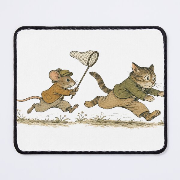 Item preview, Determined Mouse Chasing Scared Cat in Retro Storybook Style designed and sold by ilkami.
