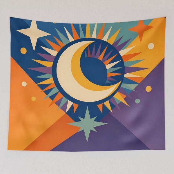 Item preview, Geometric Crescent Moon with Colourful Starburst designed and sold by InkSmithery.