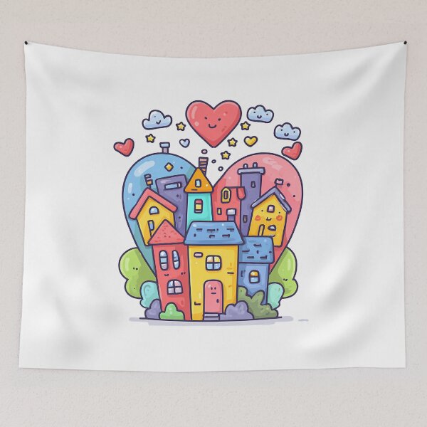 Item preview, Cute Colorful Whimsical Town with Smiling Hearts and Stars designed and sold by DesignArtist.ia.