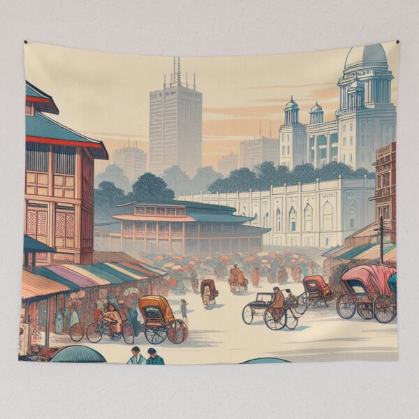 Item preview, Dhaka Bangladesh Ukiyo E Art Edo Style Rickshaw Market Wall Art designed and sold by Vandy Fullam.