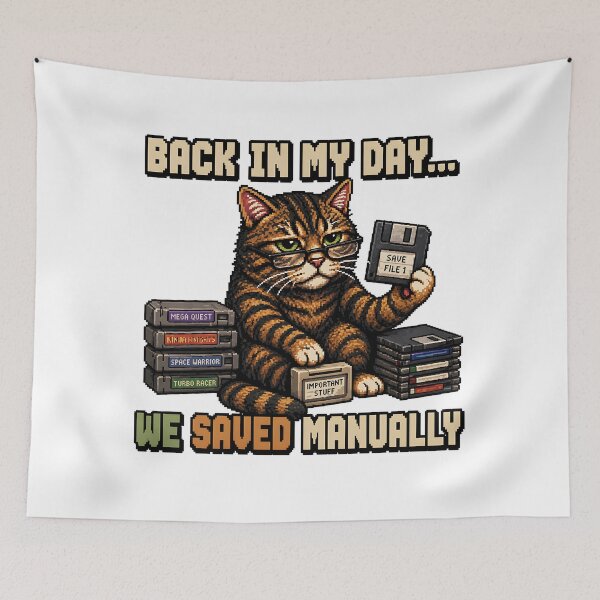 Item preview, Back In My Day We Saved Manually Cat – Funny Retro Gamer Cat, Floppy Disk Gaming Meme, Vintage Gaming Humor designed and sold by chrstnslts.