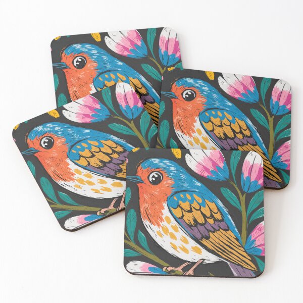 Item preview, Colorful Songbird Painting with Flowers | Botanical Folk Bird Art Print designed and sold by Filora Atelier | Bird Art.