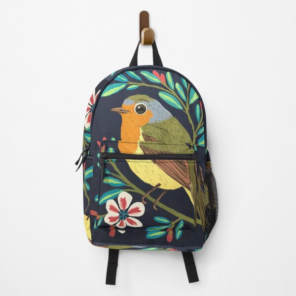 Item preview, Botanical Robin Bird Art Print | Hand Painted Songbird Painting on Navy Background designed and sold by Filora Atelier | Bird Art.