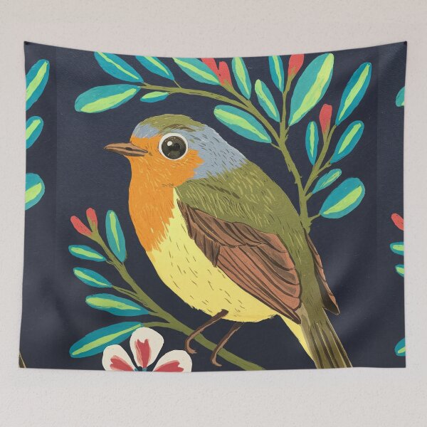 Item preview, Botanical Robin Bird Art Print | Hand Painted Songbird Painting on Navy Background designed and sold by Filora Atelier | Bird Art.