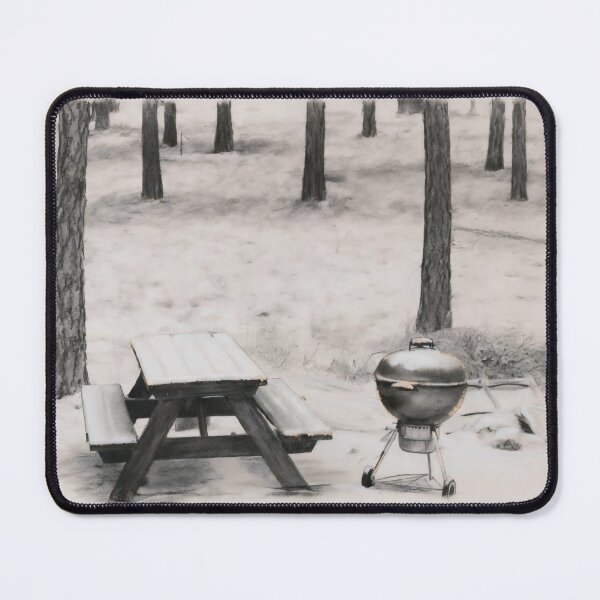 Item preview, Snowy Picnic Table and Charcoal Grill in Pine Forest – Charcoal with Real Gold Leaf designed and sold by CiaraCharcoal.