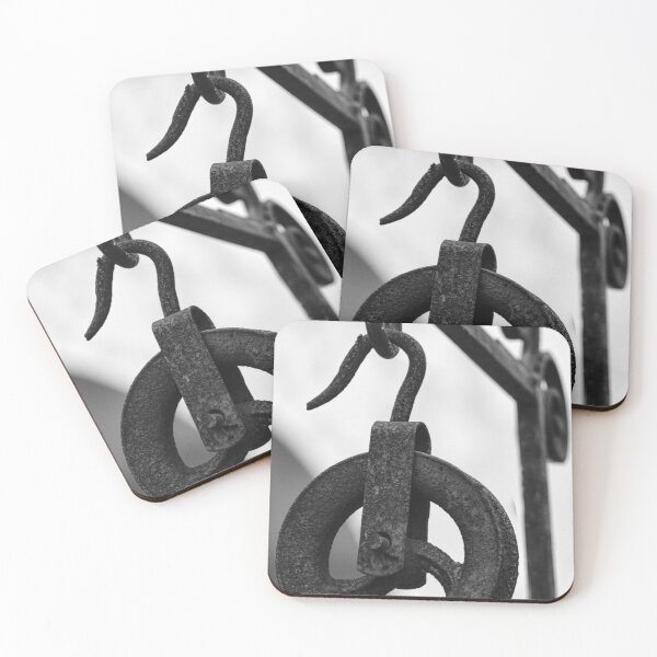 Item preview, Rusty Metal Pulley And Hook Hanging From Vintage Industrial Iron Bracket, Black And White Close-Up designed and sold by Nmallia.
