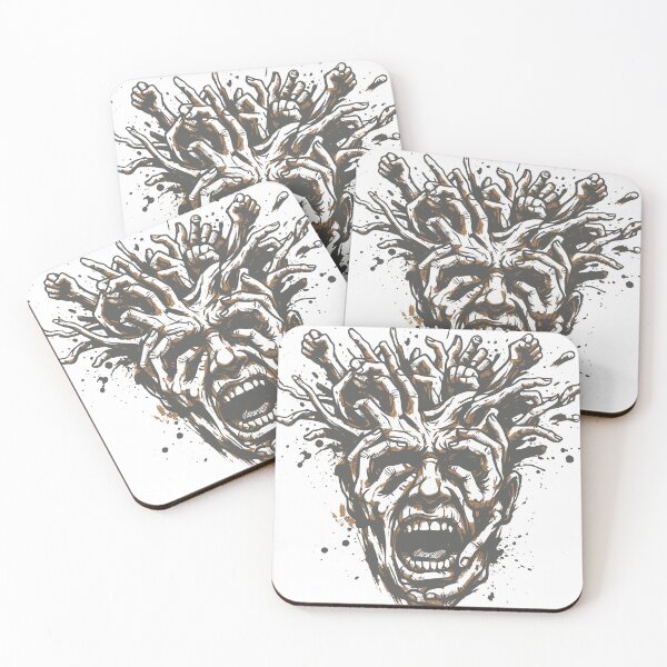 Item preview, Surreal black-and-white ink illustration of a screaming head entwined by dozens of grasping hands, evoking anxiety, panic, inner turmoil, mental breakdown designed and sold by Dejbar.