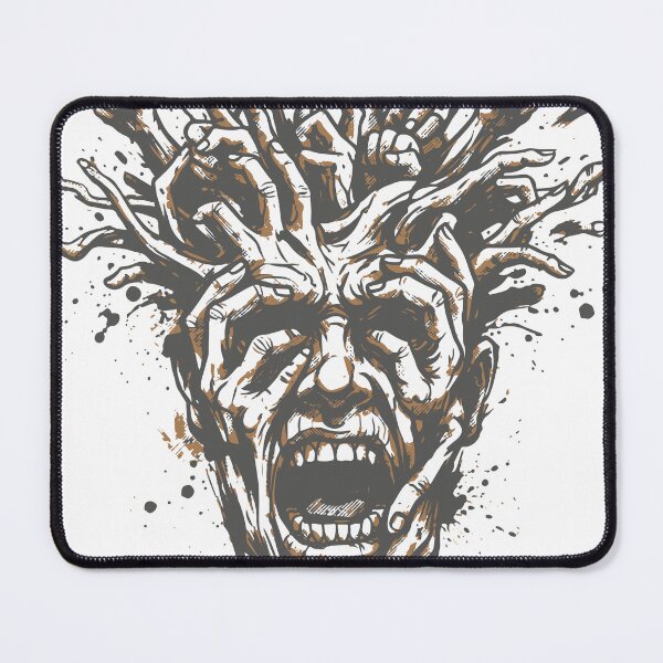 Item preview, Surreal black-and-white ink illustration of a screaming head entwined by dozens of grasping hands, evoking anxiety, panic, inner turmoil, mental breakdown designed and sold by Dejbar.