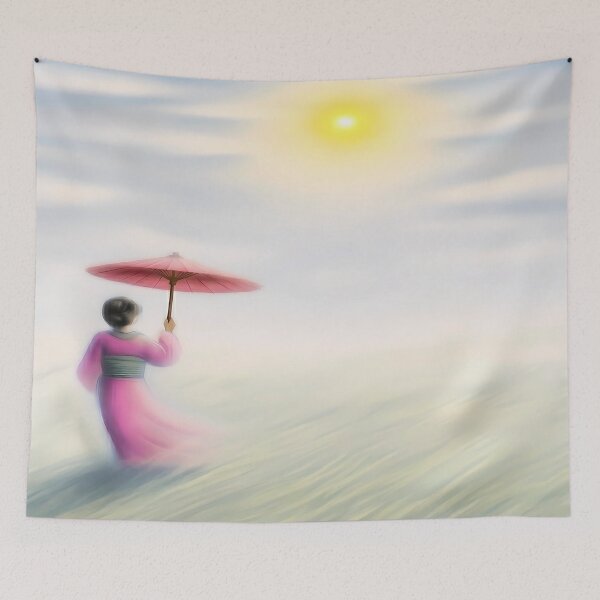 Item preview, Zen Reflections: Woman with Umbrella in a Dreamy Landscape designed and sold by Art-Inspir-AI.