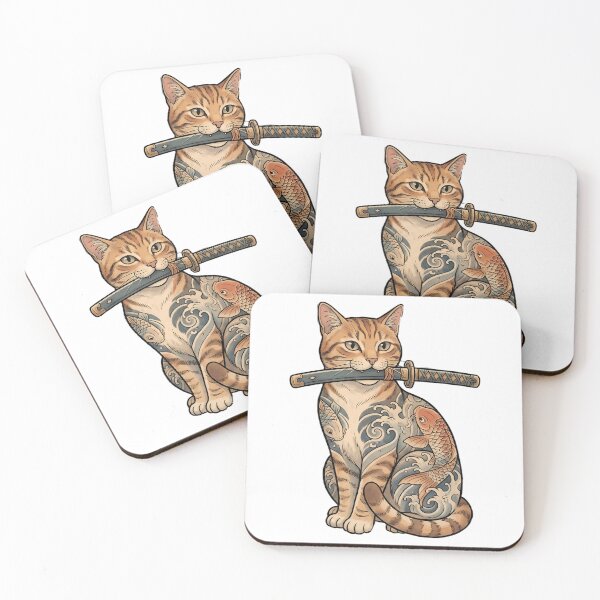 Item preview, Japanese Samurai Cat - Aesthetic Tattoo Art with Katana designed and sold by LYZ7VANI.