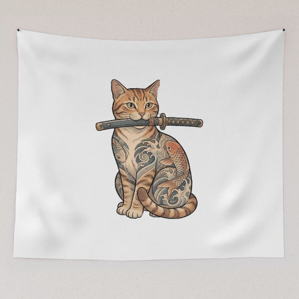 Item preview, Japanese Samurai Cat - Aesthetic Tattoo Art with Katana designed and sold by LYZ7VANI.