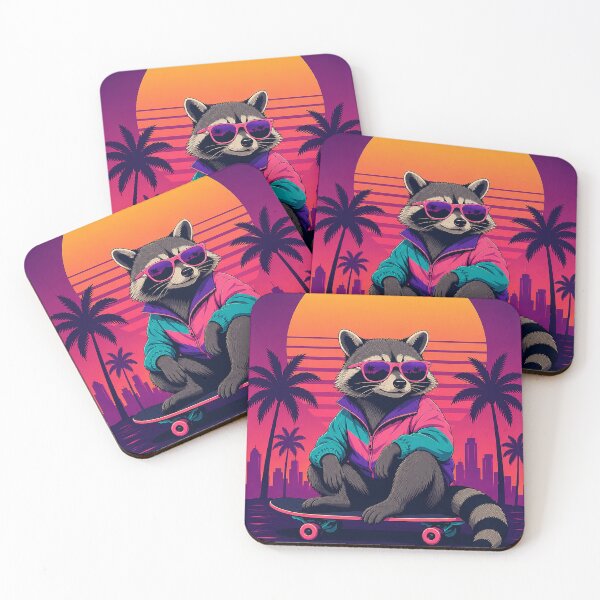 Artikelvorschau, Waschbär fährt Skateboard im Neon-Sonnenuntergang entworfen und verkauft von Imprearte.