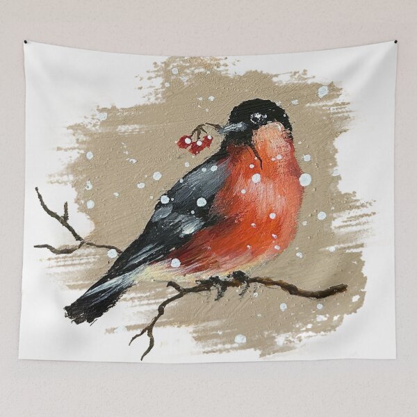 Item preview, Winter Bullfinch in Snow – Cozy Red Bird Nature Illustration designed and sold by Iras-Art-Corner.