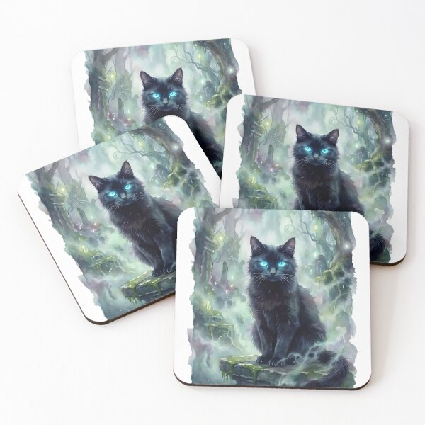 Item preview, Black Cat with Glowing Blue Eyes Mystical Forest designed and sold by RubisLeaf.