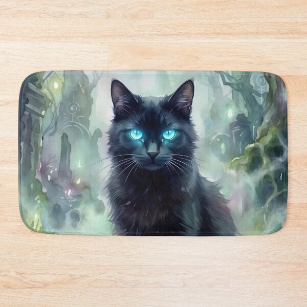 Item preview, Black Cat with Glowing Blue Eyes Mystical Forest designed and sold by RubisLeaf.
