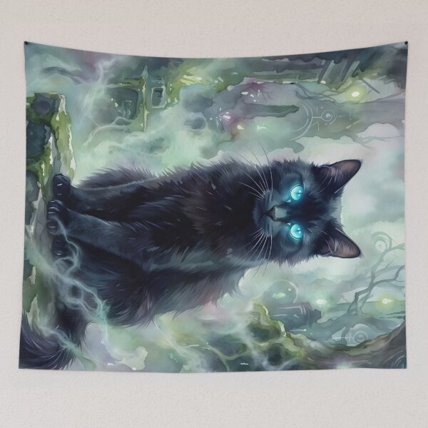 Item preview, Black Cat with Glowing Blue Eyes Mystical Forest designed and sold by RubisLeaf.