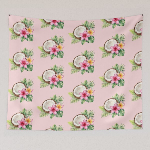 Item preview, coconut surrounded by lush tropical leaves and flowers. designed and sold by shellle in the ocean.