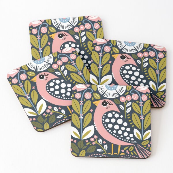 Item preview, Pink Folk Bird Art Print | Decorative Floral Bird Illustration on Navy Background designed and sold by Filora Atelier .