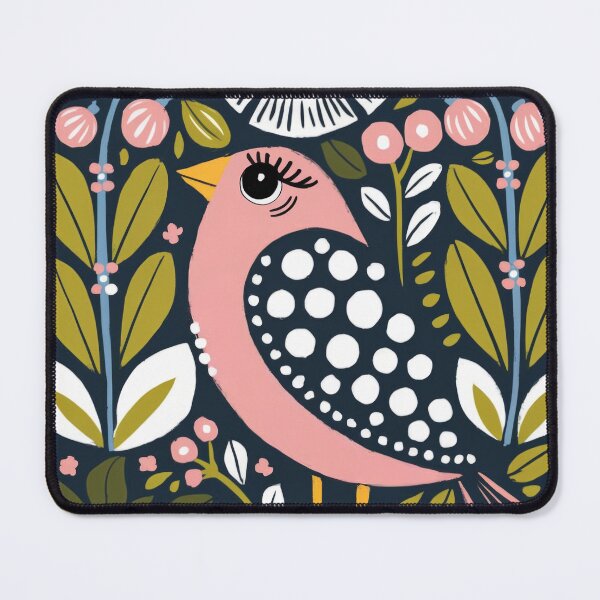 Item preview, Pink Folk Bird Art Print | Decorative Floral Bird Illustration on Navy Background designed and sold by Filora Atelier | Bird Art.