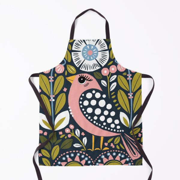 Item preview, Pink Folk Bird Art Print | Decorative Floral Bird Illustration on Navy Background designed and sold by Filora Atelier | Bird Art.