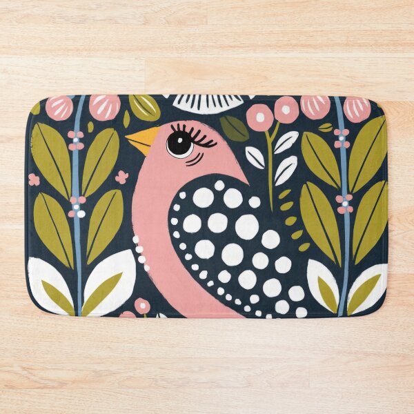 Item preview, Pink Folk Bird Art Print | Decorative Floral Bird Illustration on Navy Background designed and sold by Filora Atelier | Bird Art.