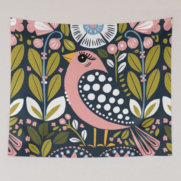 Item preview, Pink Folk Bird Art Print | Decorative Floral Bird Illustration on Navy Background designed and sold by Filora Atelier | Bird Art.