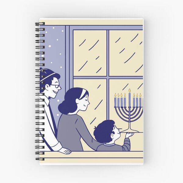 Item preview, Family celebrating Hanukkah at window with menorah and snow designed and sold by DJBimages.