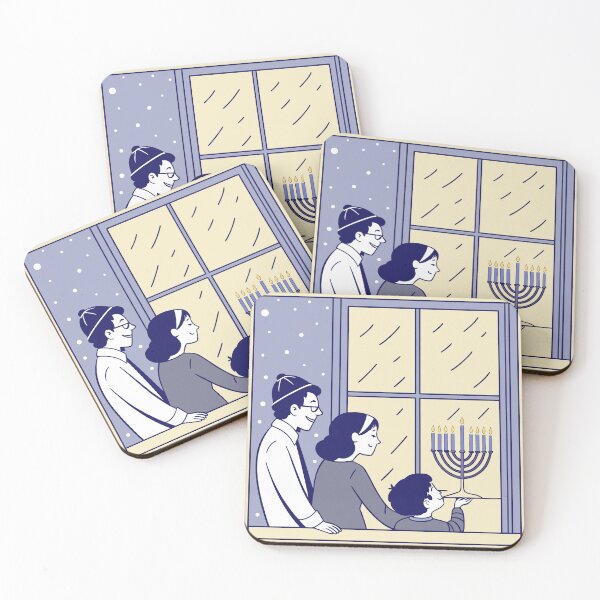 Item preview, Family celebrating Hanukkah at window with menorah and snow designed and sold by DJBimages.
