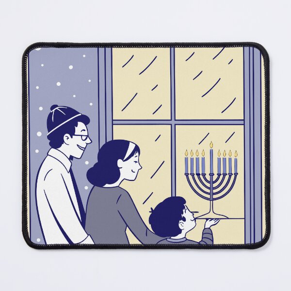 Item preview, Family celebrating Hanukkah at window with menorah and snow designed and sold by DJBimages.