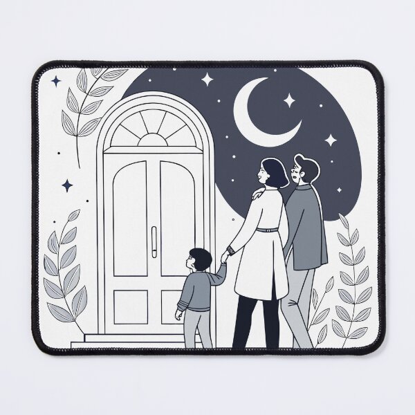 Item preview, Family of three standing at front door under night sky designed and sold by DJBimages.