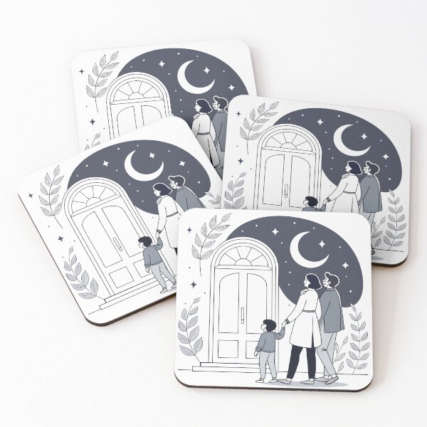 Item preview, Family of three standing at front door under night sky designed and sold by DJBimages.