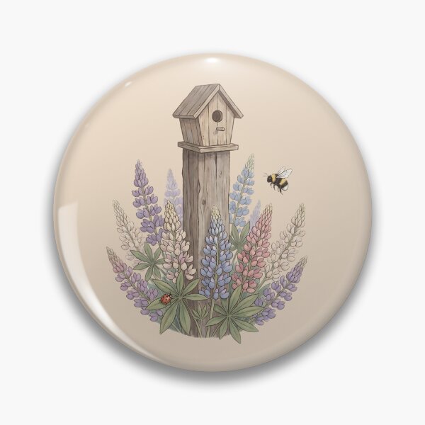 Item preview, Rustic Birdhouse Garden with Wildflowers Lupine and Bee designed and sold by MythicCotton.