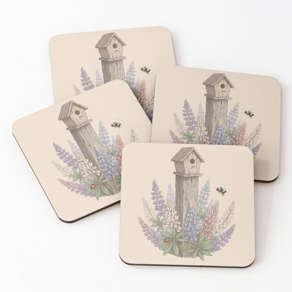 Item preview, Rustic Birdhouse Garden with Wildflowers Lupine and Bee designed and sold by MythicCotton.