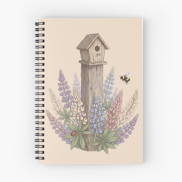 Item preview, Rustic Birdhouse Garden with Wildflowers Lupine and Bee designed and sold by MythicCotton.