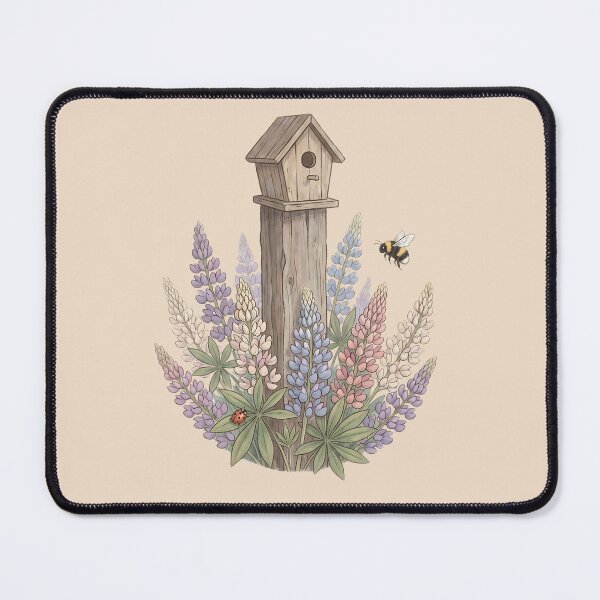 Item preview, Rustic Birdhouse Garden with Wildflowers Lupine and Bee designed and sold by MythicCotton.