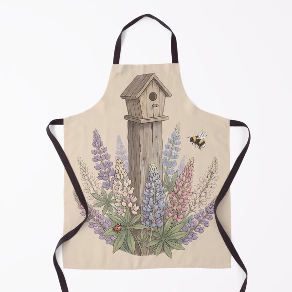 Item preview, Rustic Birdhouse Garden with Wildflowers Lupine and Bee designed and sold by MythicCotton.