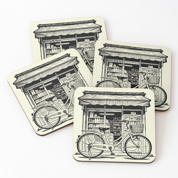 Item preview, Vintage Japanese Corner Store and Bicycle Ink Illustration designed and sold by LumePrint.