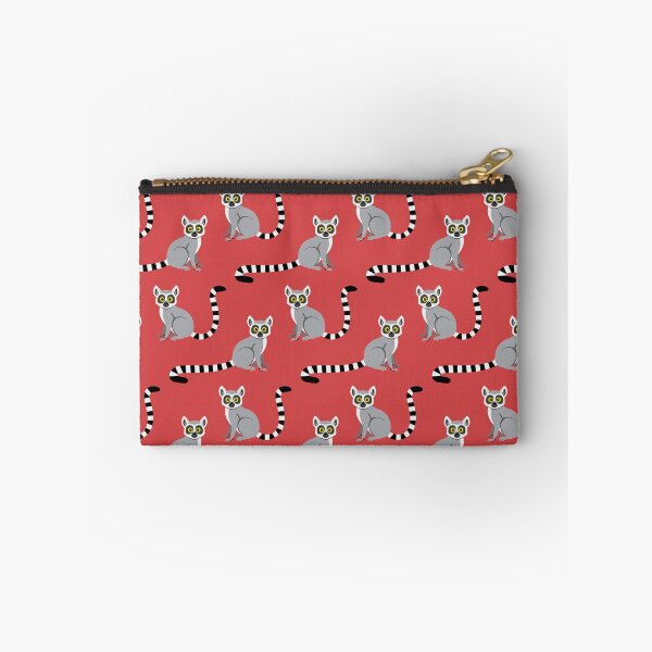 Item preview, Ring-tailed lemurs on coral red designed and sold by Jennifer Ladd.