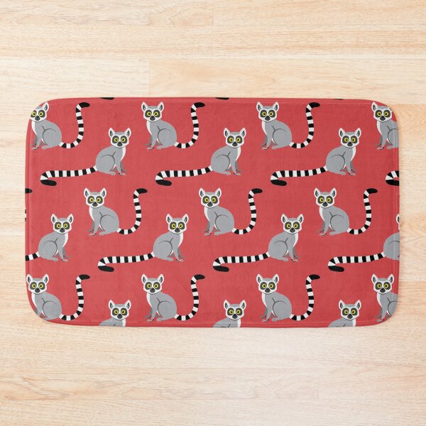 Item preview, Ring-tailed lemurs on coral red designed and sold by Jennifer Ladd.